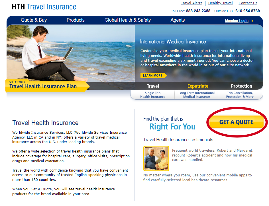 HTH Travel Insurance homepage get a quote button