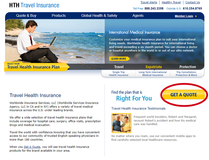 HTH Travel Insurance homepage get a quote button HTH Travel Insurance homepage get a quote button