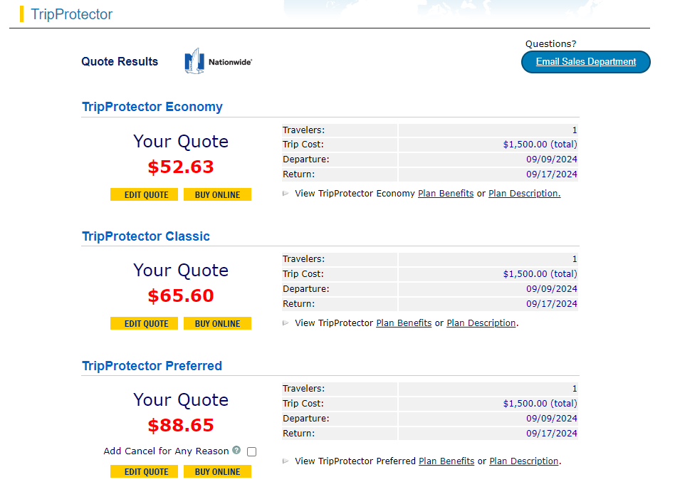 HTH Travel Insurance quote results