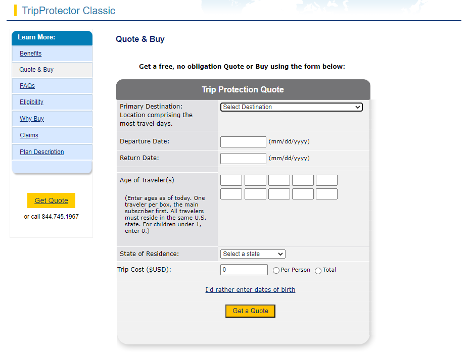 HTH Travel insurance quote form