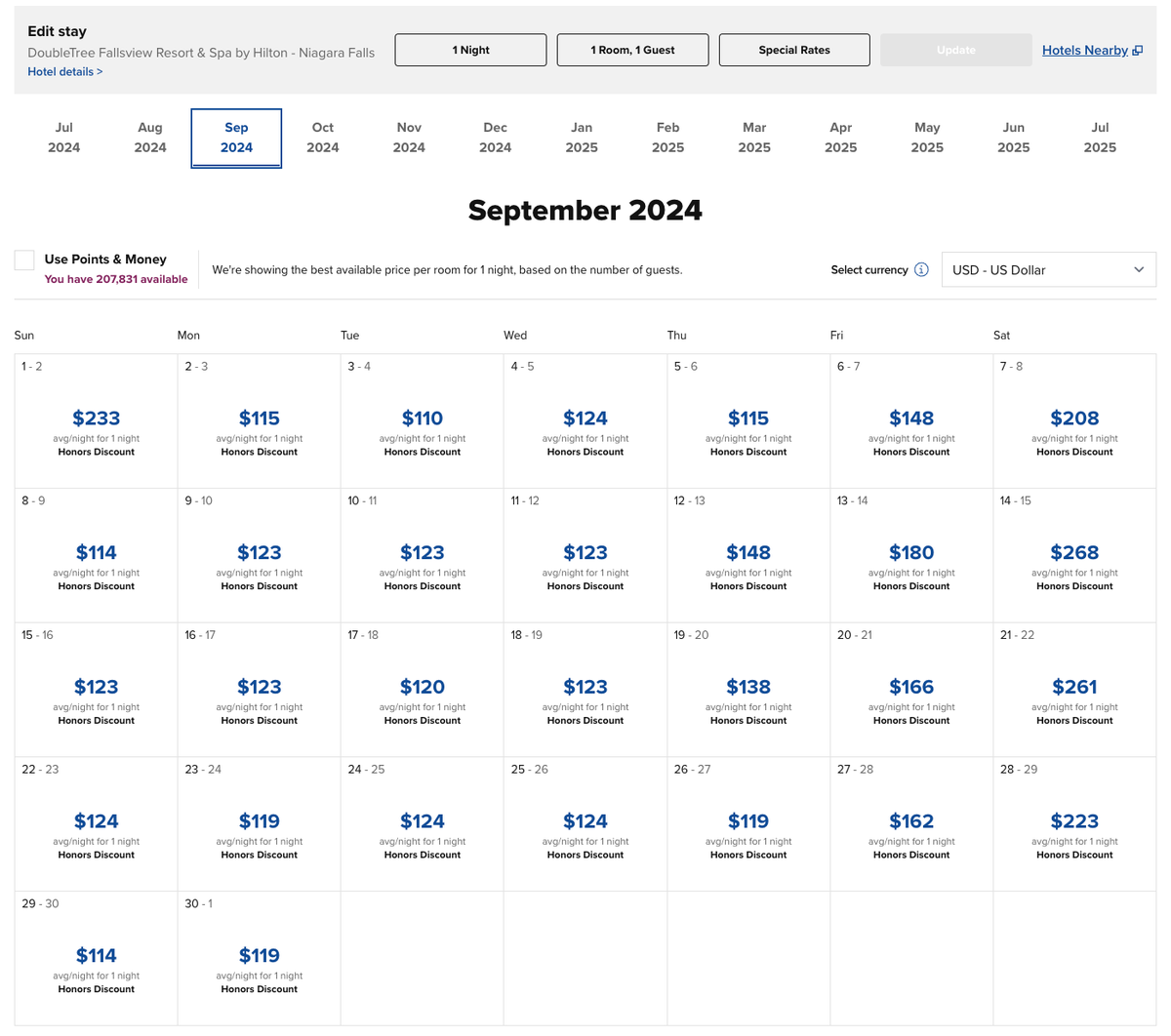 Hilton Sep. 2024 pricing for DoubleTree Fallsview Resort Spa by Hilton Niagara Falls
