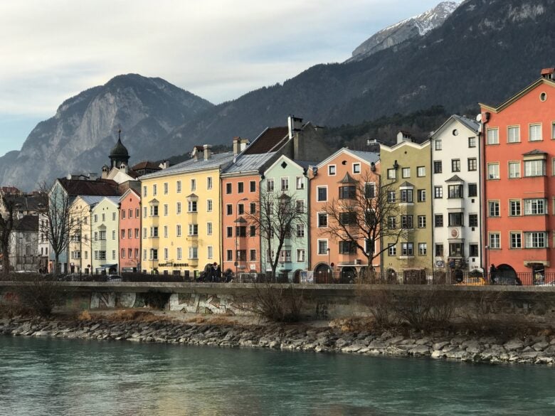 Picturesque Mariahilf Street along the Inn River, Innsbruck, Austria