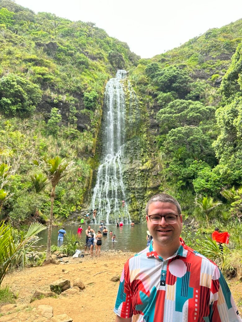 At a waterfall in New Zealand