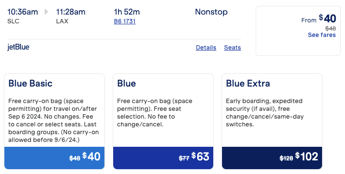 JetBlue fall sale fare SLC LAX