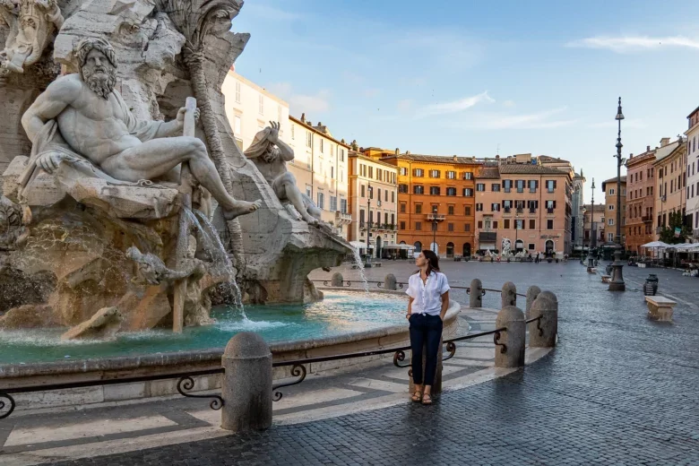 An empty Piazza Navona in Rome post-pandemic.