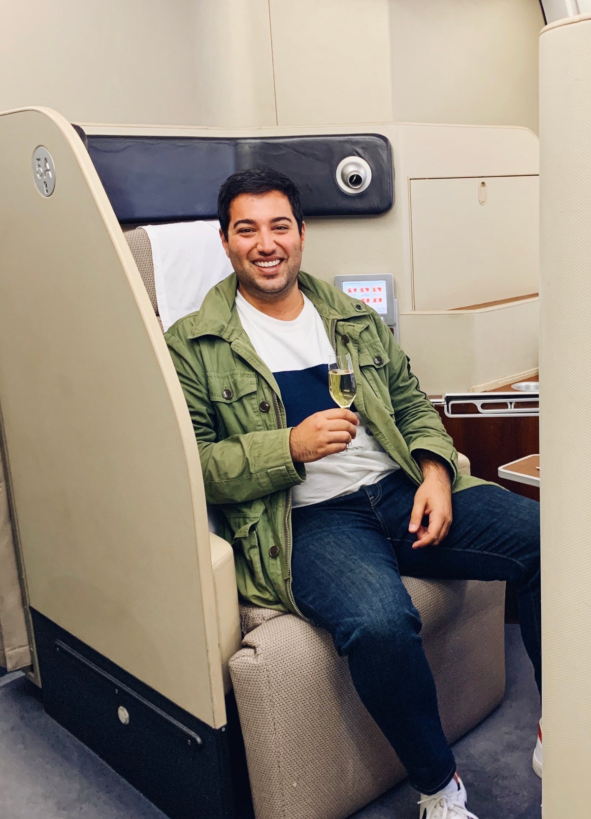 Luxuriating in Qantas' First Class cabin on a flight from Melbourne to Los Angeles.