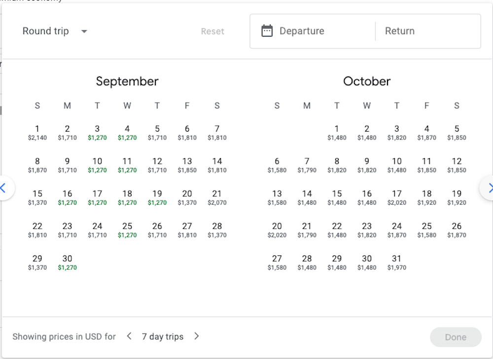 Singapore Airlines EWR SIN premium economy calendar