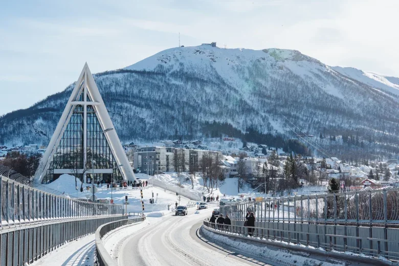 Tromso's famous Arctic Cathedral covered in snow.