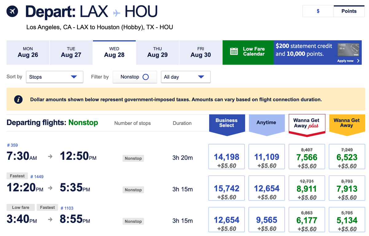 Southwest Prime Day discount points LAX HOU