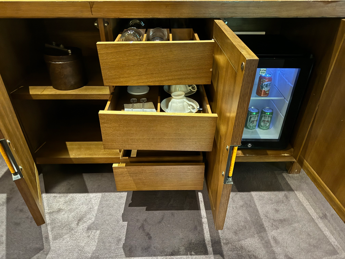 St Regis Lhasa living room minibar minifridge