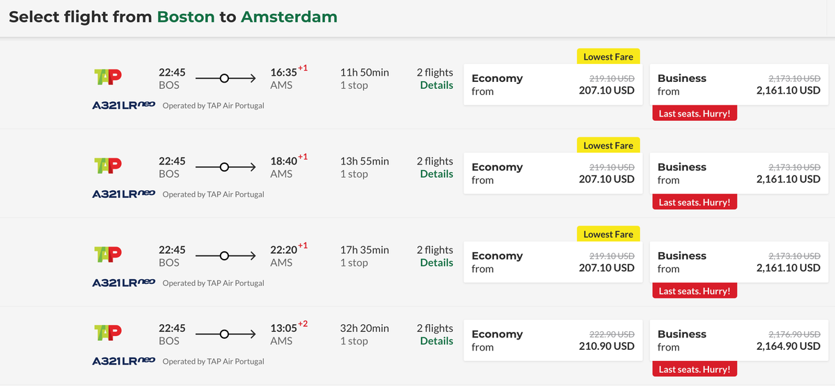 TAP economy fares BOS LIS AMS