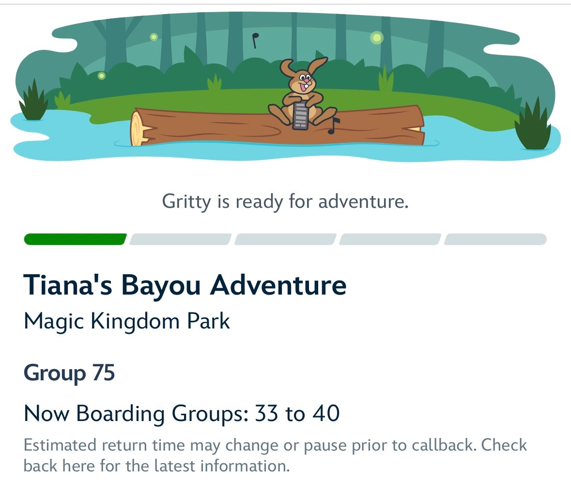 Screenshot of a Virtual Queue for Tiana's Bayou Adventure