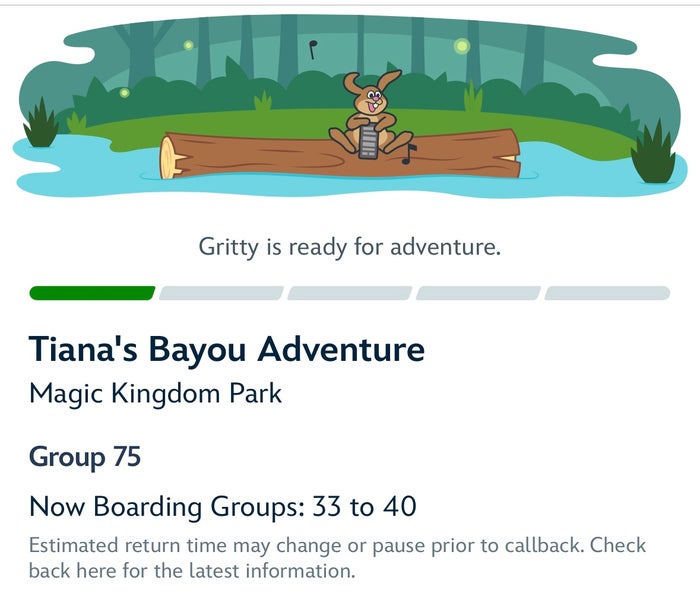 Screenshot of a Virtual Queue for Tiana's Bayou Adventure