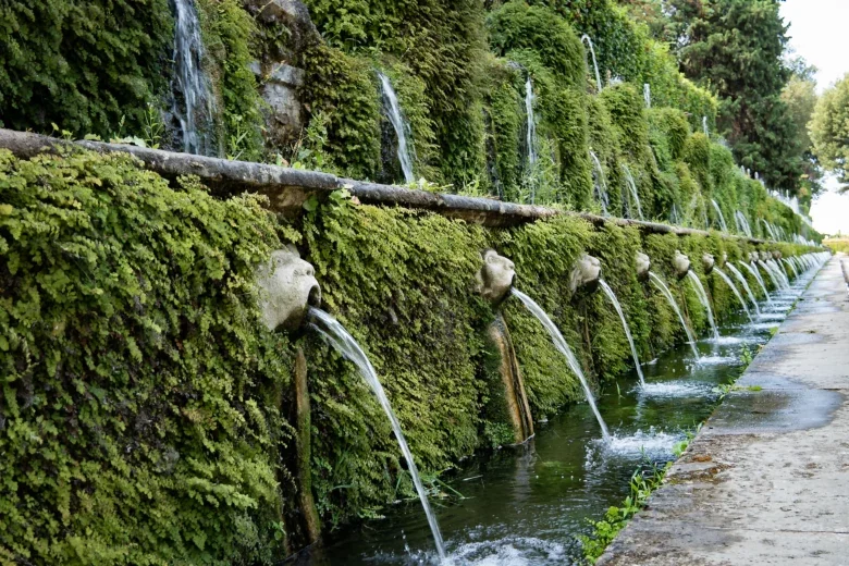 A row of ancient fountains at the Tivoli Gardens in Italy.