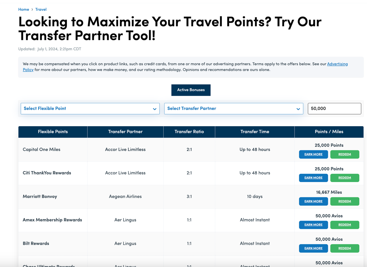 Transfer Partner Tool from Upgraded Points