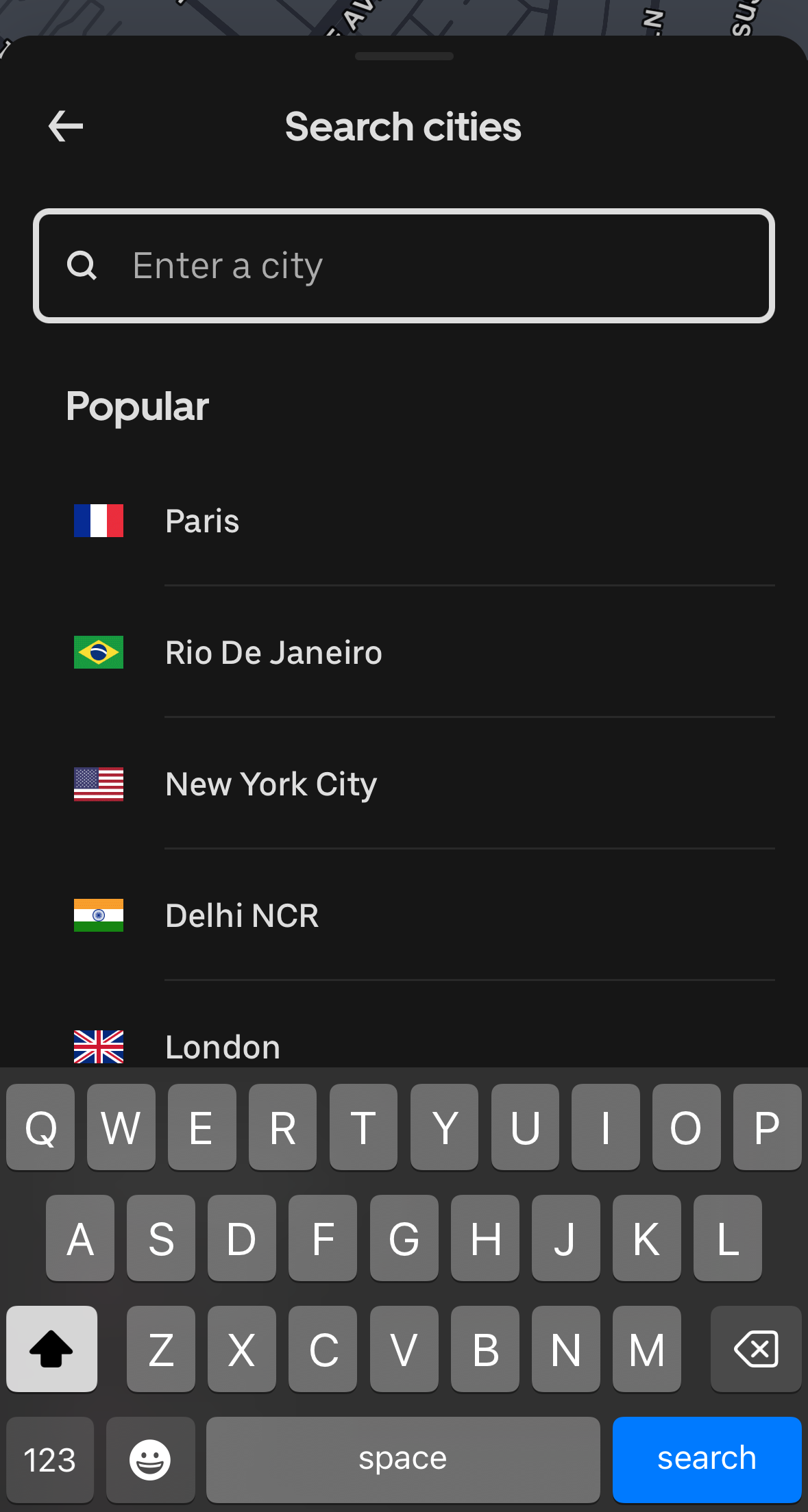 Uber app search in a different city