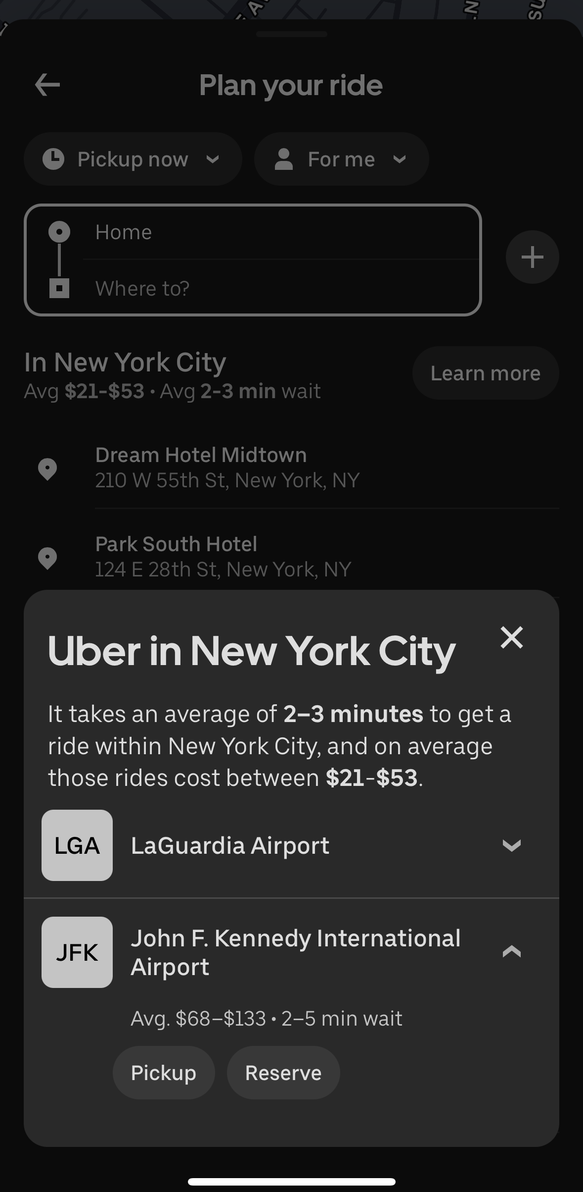 Uber ride estimates New York City