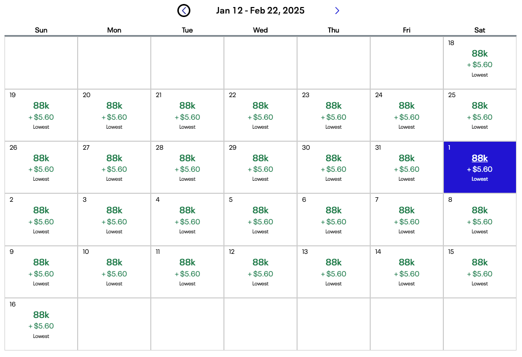 United award calendar January 2025 JFK WAW business