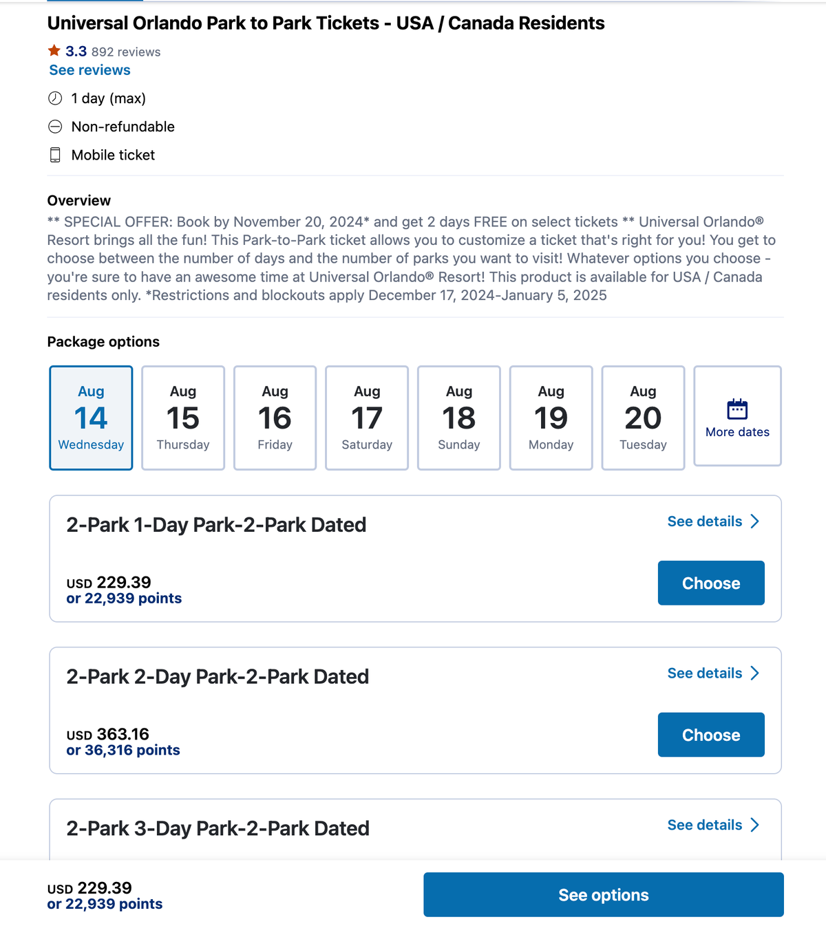 Universal Orlando Tickets Citi ThankYou Points screenshot 