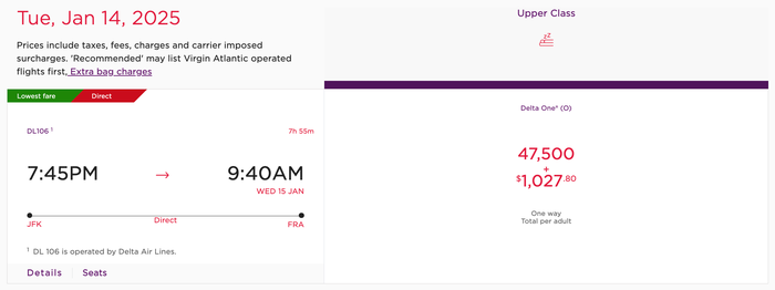 Virgin Atlantic Delta One redemption JFK FRA Virgin Atlantic Delta One redemption JFK FRA