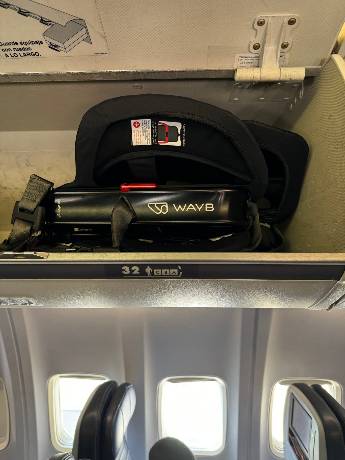 WayB Pico Car Seat in overhead bin