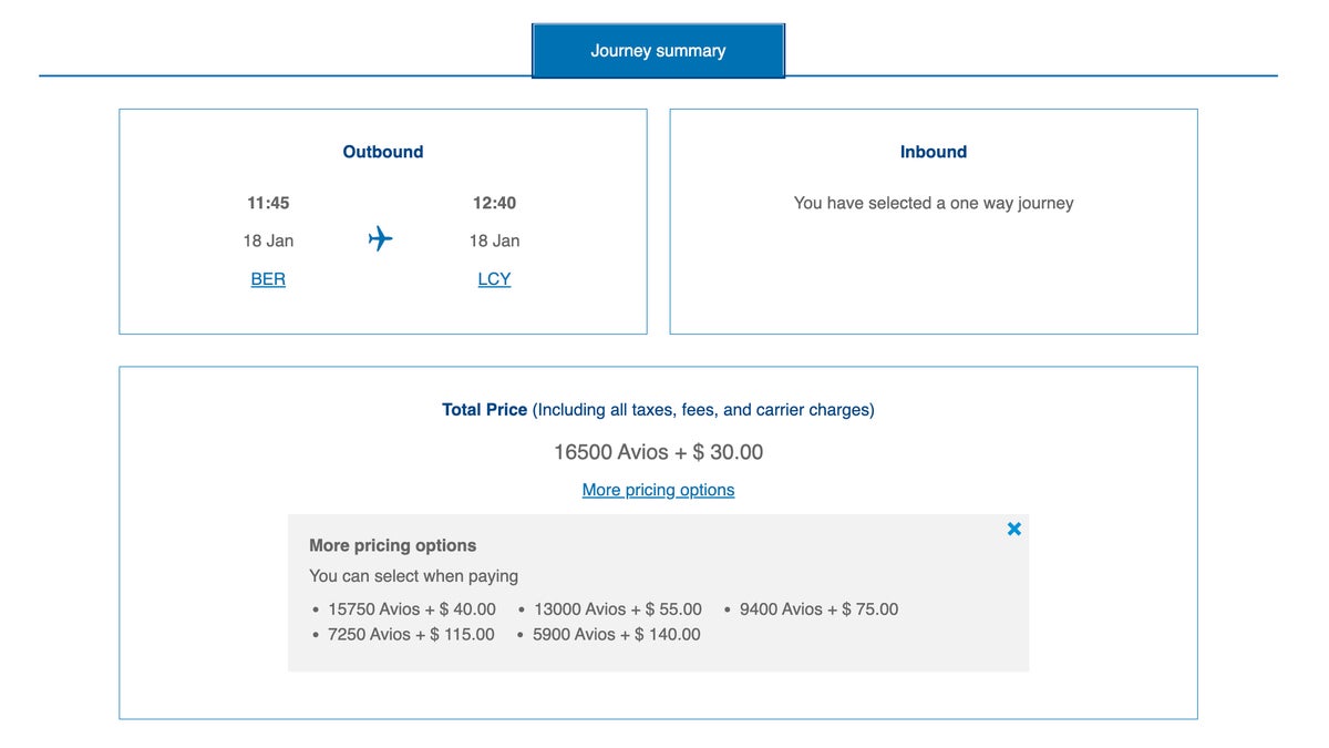 ba avios pricing options ber lcy