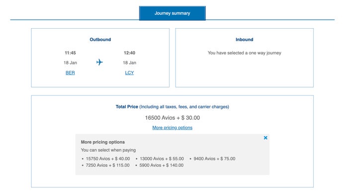 British Airways Avios redemption BER LCY with new fees business class ba avios pricing options ber lcy