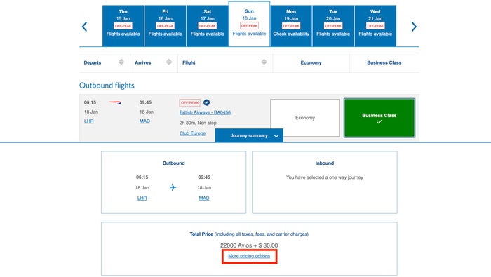 British Avios redemption options LHR MAD ba lhr mad business award