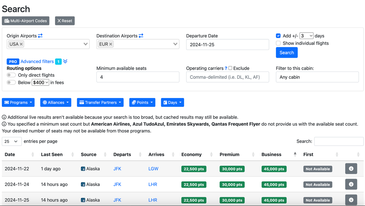 seats.aero search page