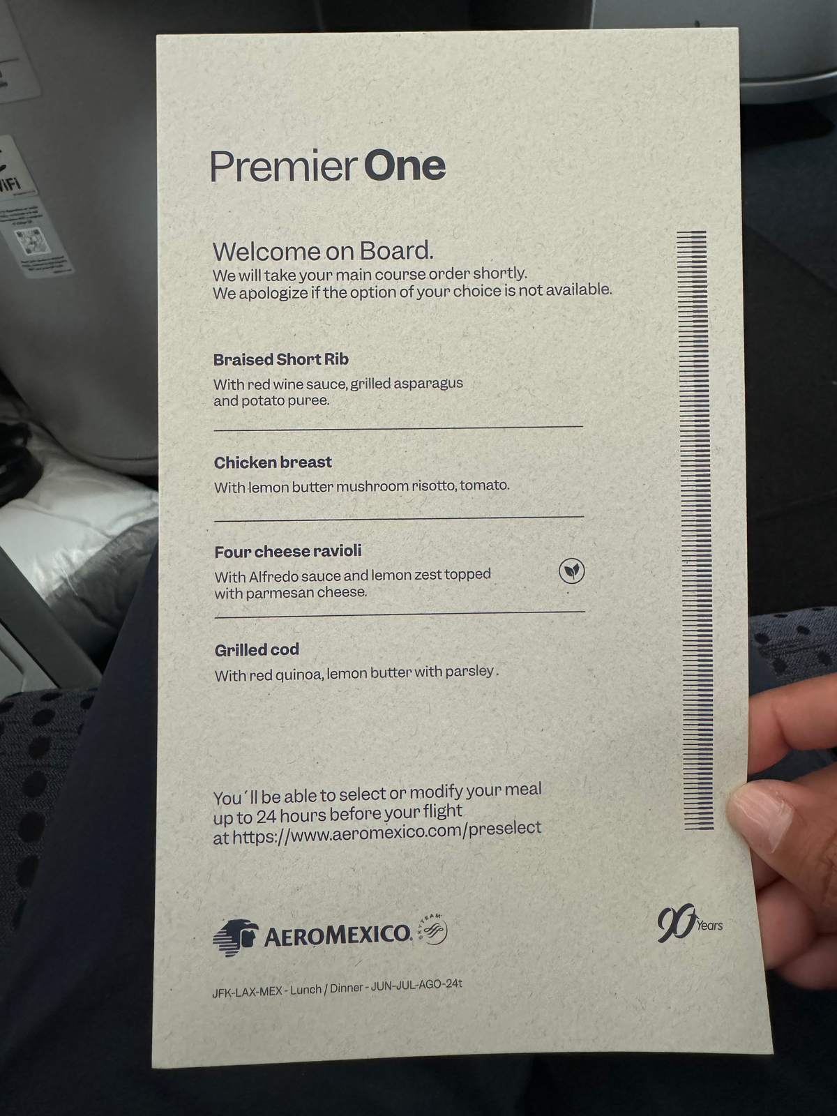 Aeromexico B787 8 LAX MEX business class menu