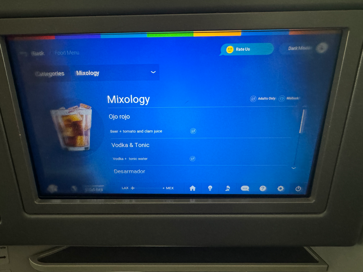 Aeromexico B787 8 LAX MEX cocktail info