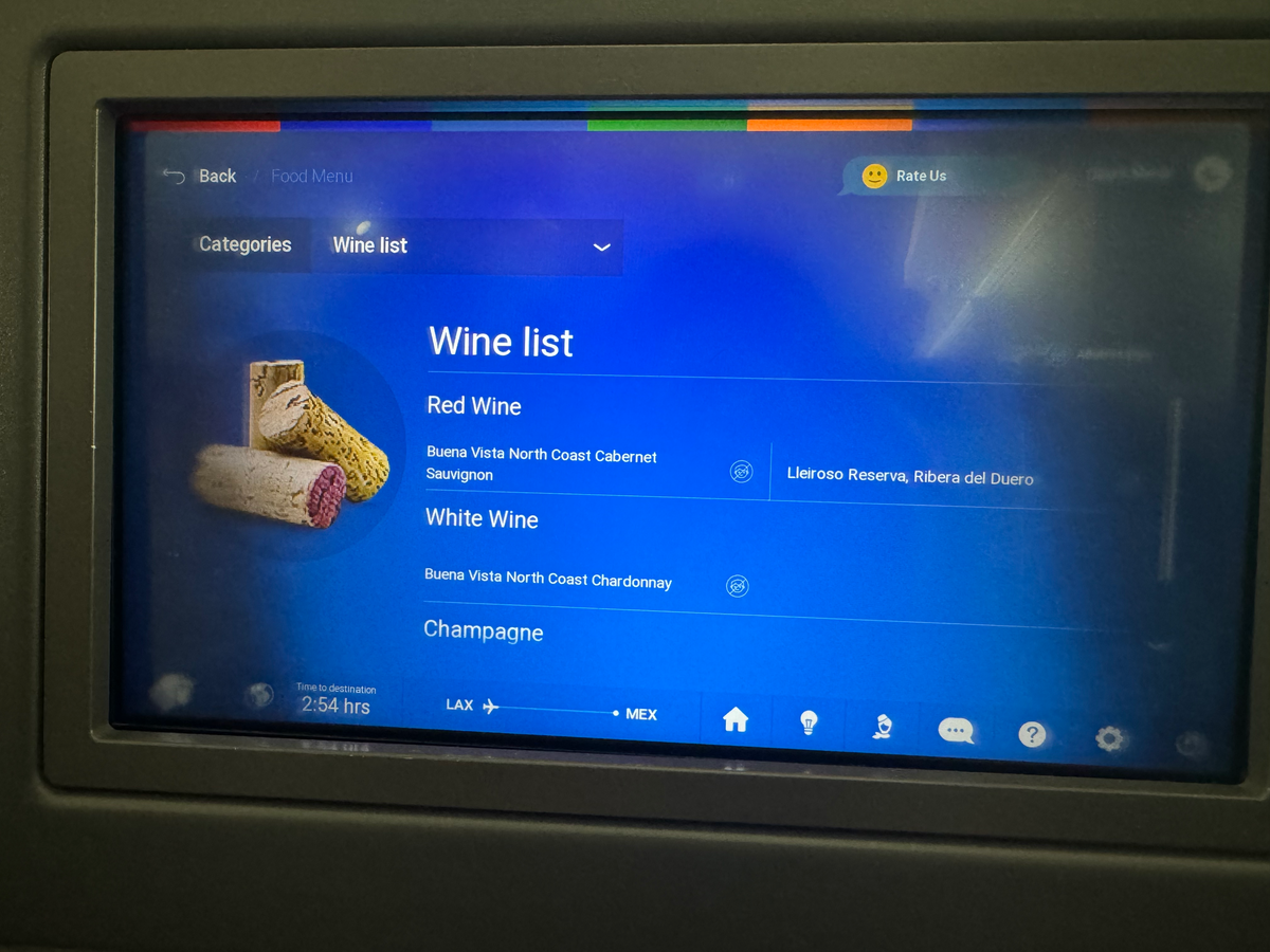 Aeromexico B787 8 LAX MEX wine info