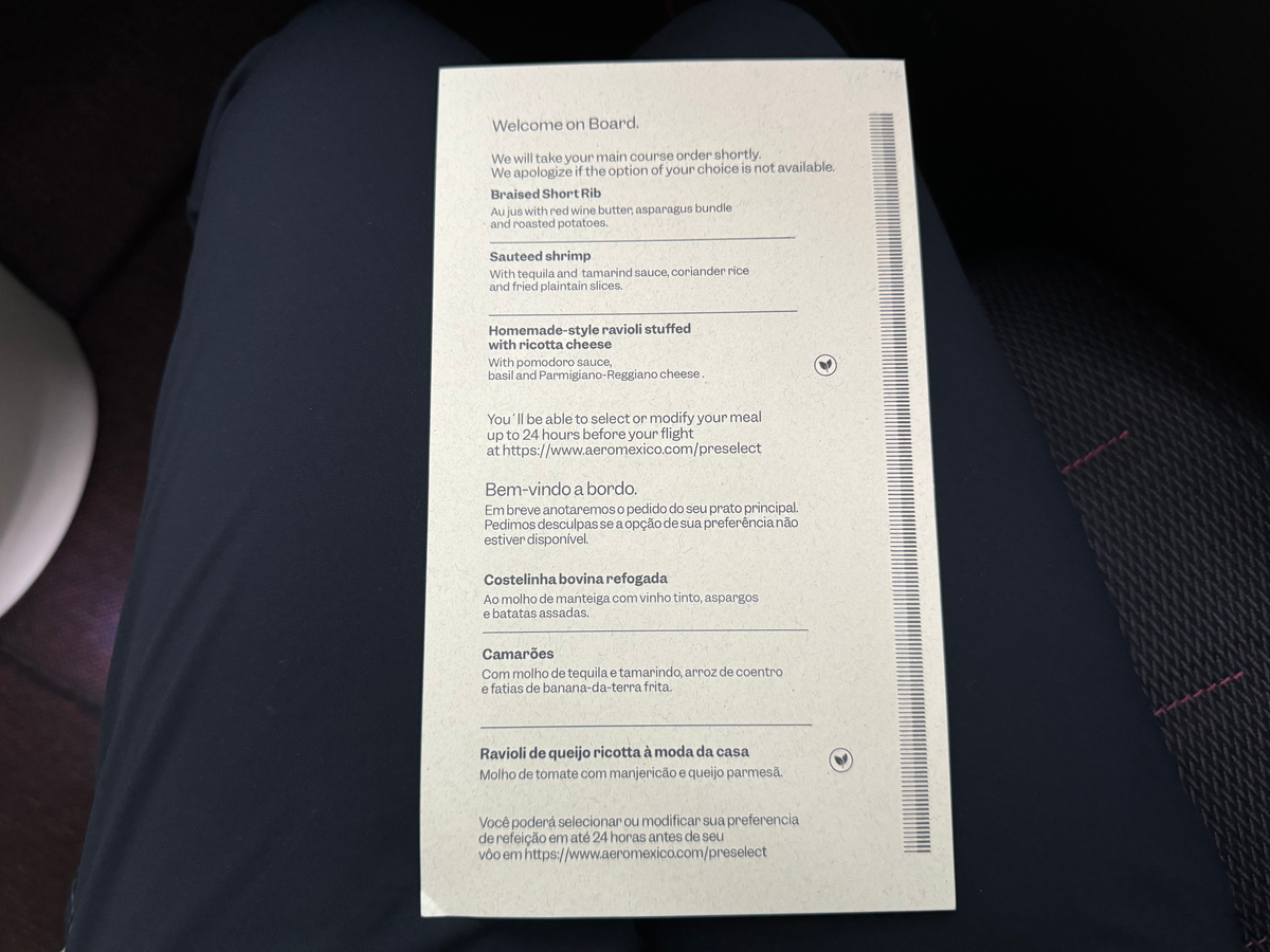 Aeromexico B787 9 business class menu