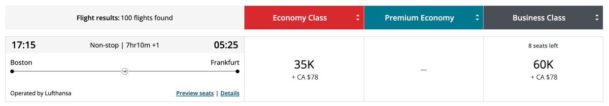 Aeroplan award BOS FRA