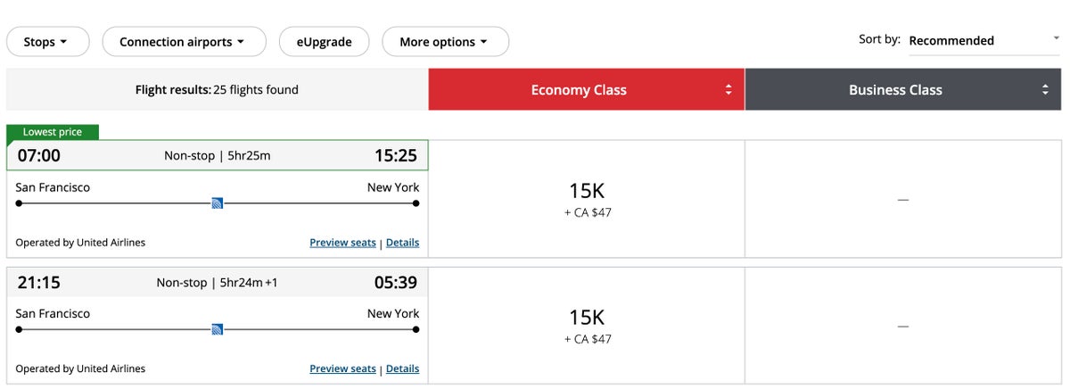Aeroplan award sfo ewr economy
