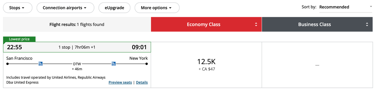 Air Canada SFO EWR award pricing