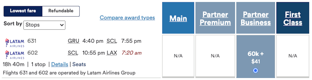 Alaska award redemption LATAM business class GRU SCL LAX