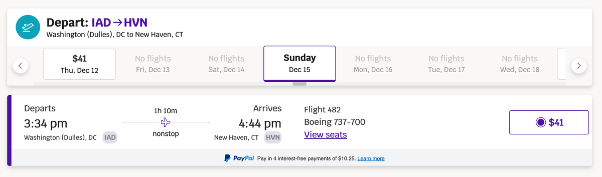 Avelo IAD to HVN $41 fare