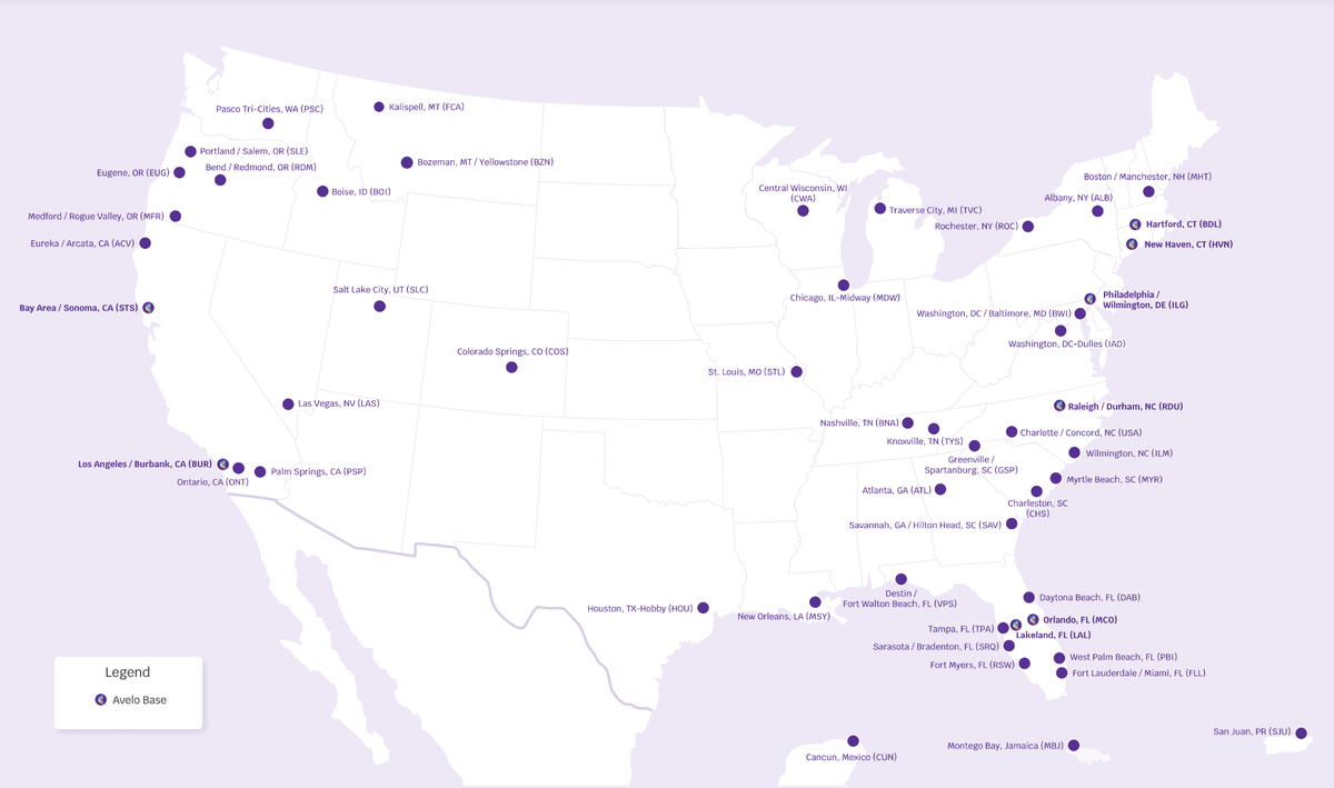 Avelo route map August 2024