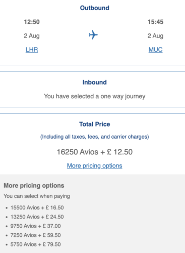 Avios price London to Munich