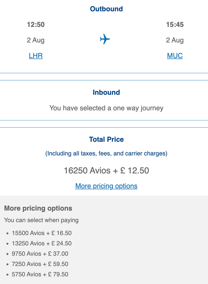 Avios price London to Munich Avios price London to Munich