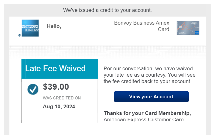 Bonvoy Business card late fee waived email