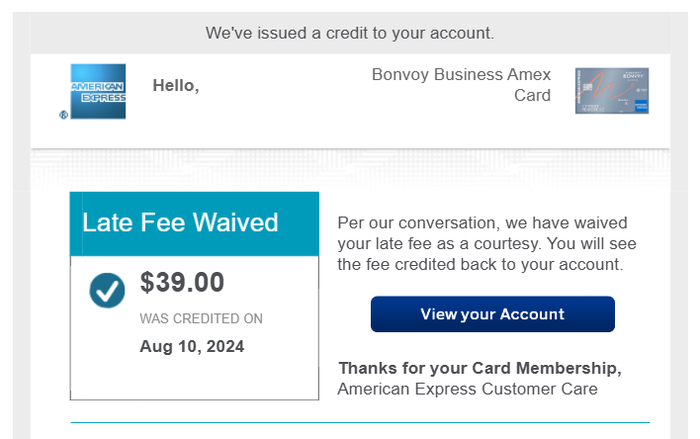 Bonvoy Business card late fee waived email Bonvoy Business card late fee waived email