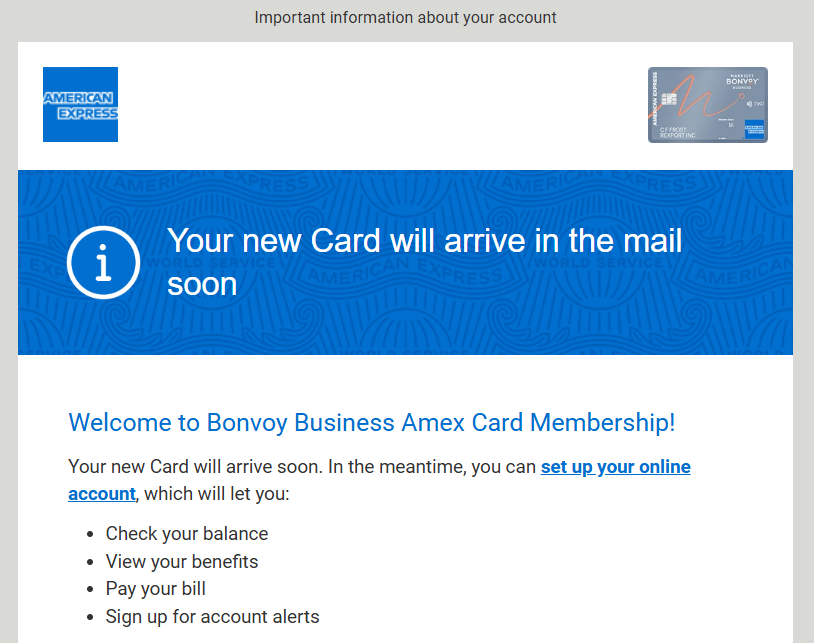 Bonvoy Business card new account email