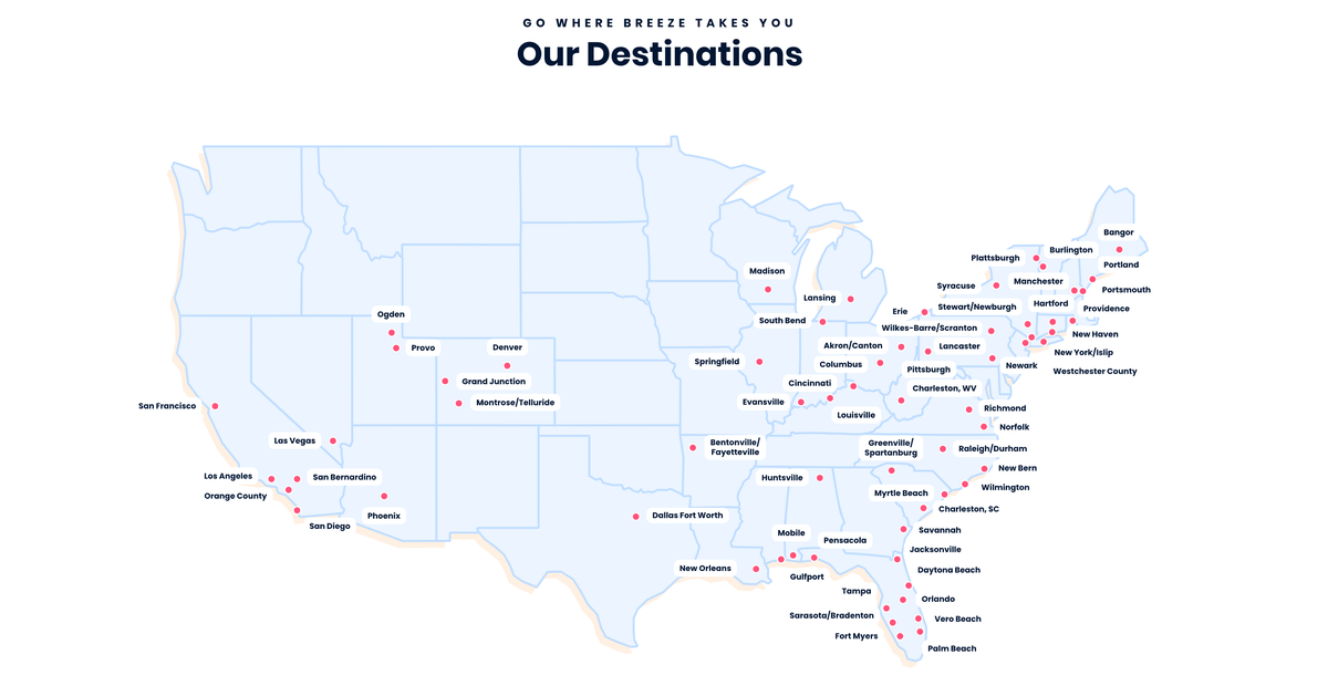 Breeze Airways destination map