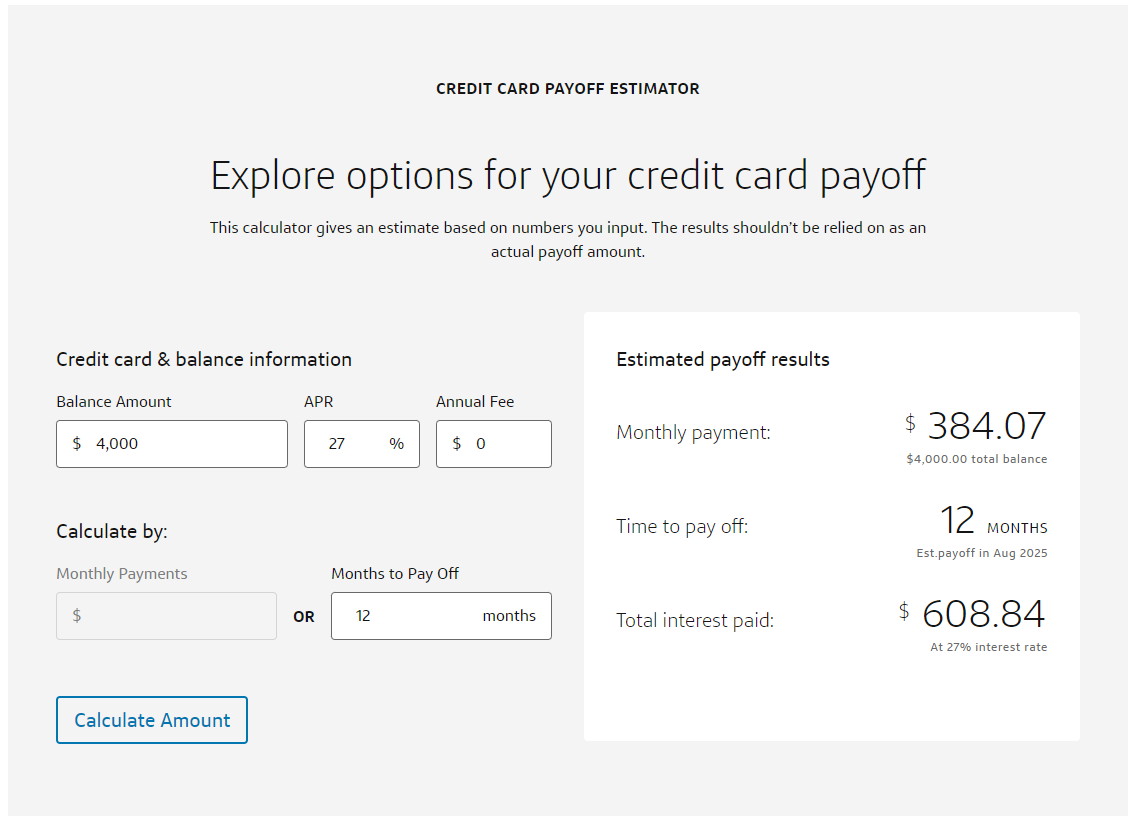 Capital One credit card payoff calculator 12 month results