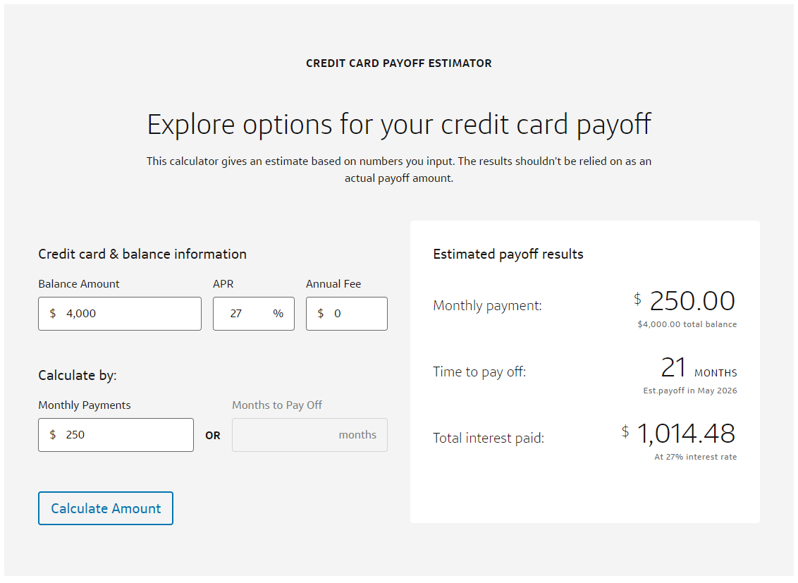 Capital One credit card payoff calculator 250 results