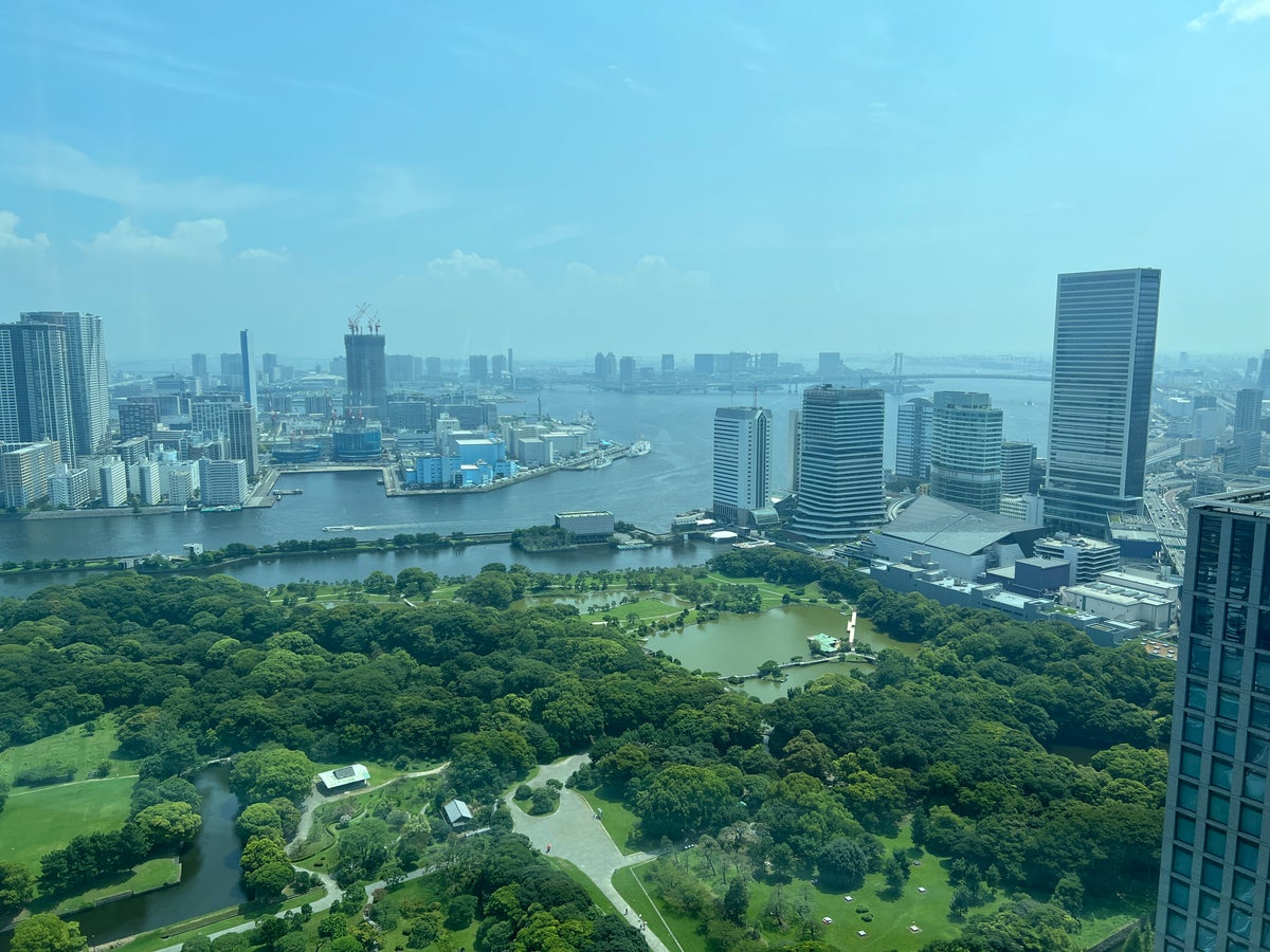 Conrad Tokyo view of gardens and Tokyo Bay