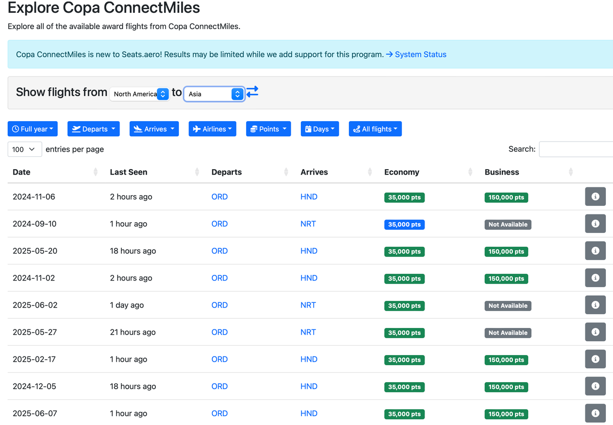 ConnectMiles results from Seats.aero