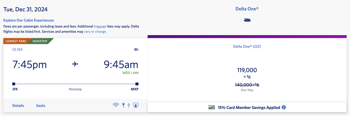 Delta discounted business class JFK MXP